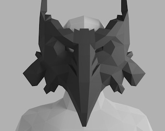 May include: A black origami mask with a beak-like nose and sharp, angular features. The mask is made of folded paper and has a geometric design.