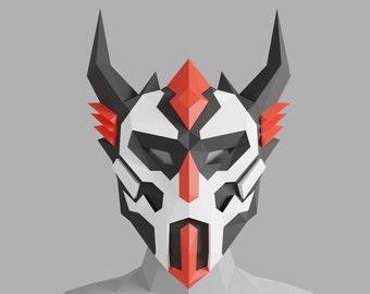 May include: A white and black origami mask with red accents. The mask has a geometric design and features two horns on the top.