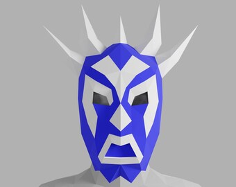 May include: A blue and white paper mask with a pointy, spiky design. The mask has a fierce expression with a wide mouth and large eyes.