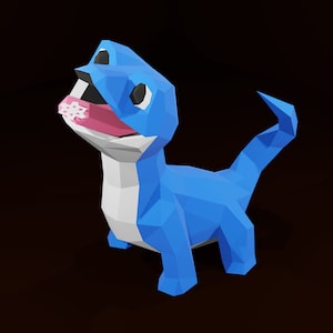 May include: A blue and white low-poly 3D model of a cartoon lizard with its mouth open. The lizard has a pink tongue and white teeth.
