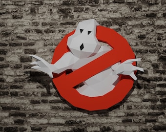 May include: A red and white papercraft ghostbuster sign with a white ghost figure in the center. The sign has a red circle with a diagonal line through it and the ghost figure is in a pose as if it is being stopped.
