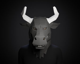 PAPERCRAFT MASK 3D MINOTAUR Template, diy animal costume, low poly bull mask, pepakura scary halloween mask, horned mask pdf pattern