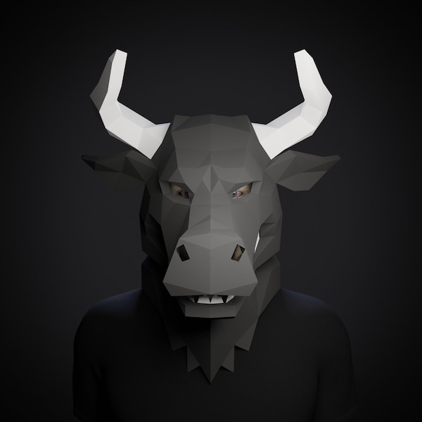 PAPERCRAFT MASK 3D MINOTAUR Template, diy animal costume, low poly bull mask, pepakura scary halloween mask, horned mask pdf pattern