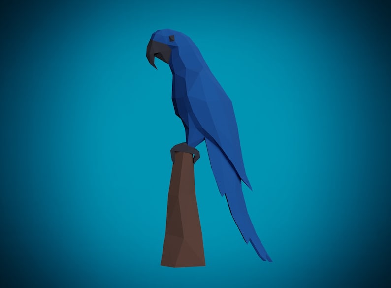 May include: A blue origami parrot perched on a brown wooden branch. The parrot is made of paper and has a triangular shape.