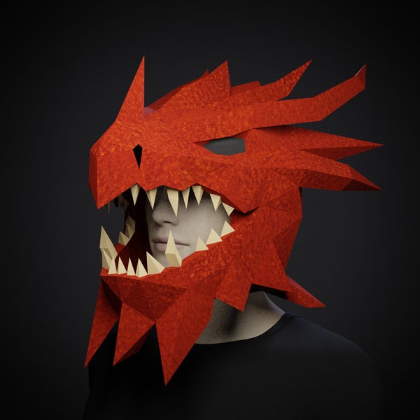 PAPERCRAFT MASK DRAGON  -  Pdf printable  pattern template - halloween costume -make your own 3D Diy adult craft masquerade mask,