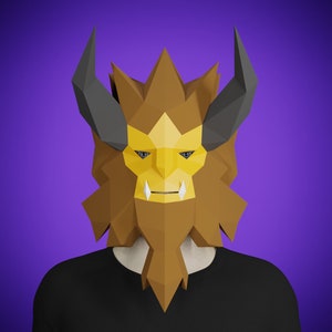 PAPERCRAFT MASK Plantilla de bestia 3D, disfraz de animal diy, máscara de demonio de baja poli, máscara de halloween aterradora pepakura, patrón pdf de máscara con cuernos