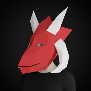 PAPERCRAFT MASKER gehoornde DRAAK - PDF afdrukbare patroonsjabloon - Halloween kostuum - maak je eigen 3D Diy volwassen ambachtelijk maskerademasker