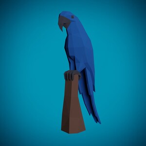 May include: A blue origami parrot perched on a brown branch. The parrot is made of paper and has a realistic appearance.