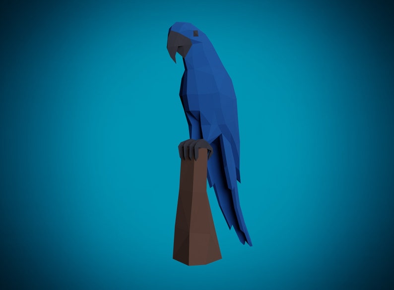 May include: A blue origami parrot perched on a brown branch. The parrot is made of paper and has a realistic appearance.
