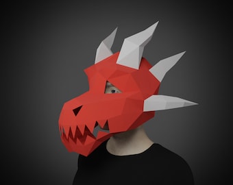 DRAKEMASK AV PAPPERSPYCKLING - PDF utskrivbar mönstermall - Halloween-kostym - gör din egen 3D-mask för vuxna