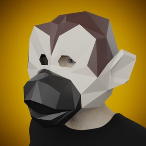 Máscara de artesanato de papel 3D - MACACO, modelo imprimível padrão PDF ~ Artesanato adulto DIY, faça sua própria máscara de animal, fantasia de máscara diy