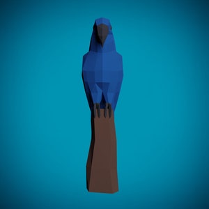 May include: A blue, low-poly parrot perched on a brown, wooden branch. The parrot has a black beak and black feet.
