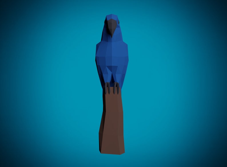 May include: A blue, low-poly parrot perched on a brown, wooden branch. The parrot has a black beak and black feet.