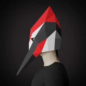 Woodpecker BIRD MASK PAPERCRAFT, diy animal costume, printable template, paper craft, halloween costume, low poly mask, masquerade mask