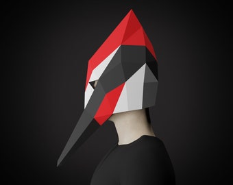 Specht VOGEL MASKE PAPERCRAFT, DIY Tierkostüm, druckbare Vorlage, Papier Handwerk, Halloween Kostüm, Low Poly Maske, Maskerade Maske