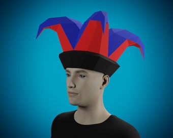 May include: A person wearing a red and blue jester hat with black trim. The hat has a pointed top and two long, curved points on either side.
