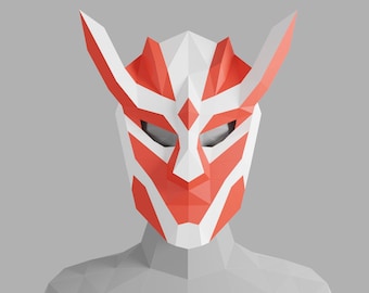 May include: A red and white origami mask with a geometric design. The mask has a pointed nose and large, angular eyes.