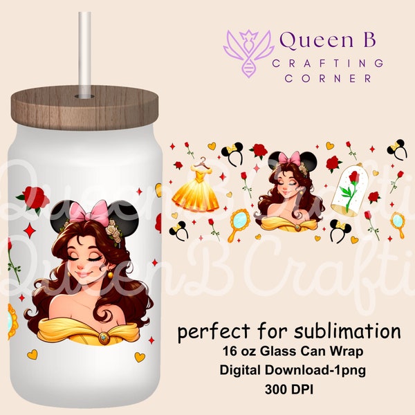 Princess 16 oz Libbey Glass Can Tumbler Sublimation Design, Design Digital Download PNG, Princess PNG, Magical