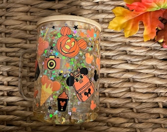 Halloween Mouse Coffee Glass Cup, 16oz Glass Can, 16oz Libbey Glass, Cute and Spooky Glass Cup, Pumpkin Glass Cup, snow globe glass cup