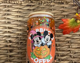 Halloween Mouse Coffee Glass Cup, 16oz Glass Can, 16oz Libbey Glass, Cute and Spooky Glass Cup, Pumpkin Glass Cup, snow globe glass cup