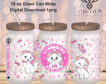Vaso de Disney Marie Kitty, Envoltura de Aristcat Marie, PNG de sublimación, Png de Marie Stbcks para sublimación, Vaso de lata Libbey, Lata de vidrio de 16 oz Png,