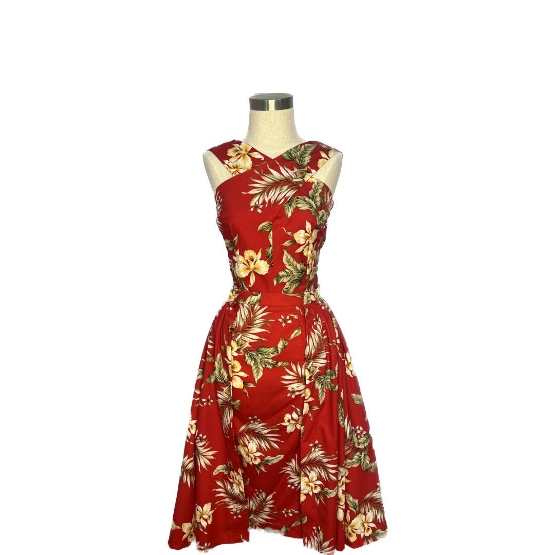 Cross Neck Hawaiian Print Dress With Gathered Over Skirt Tropical Tiki