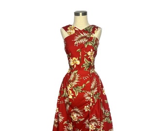 Cross Neck Hawaiian Print Dress with gathered over skirt - Tropical Tiki Dress - 1950s Rockabilly style.   style# TH-215O