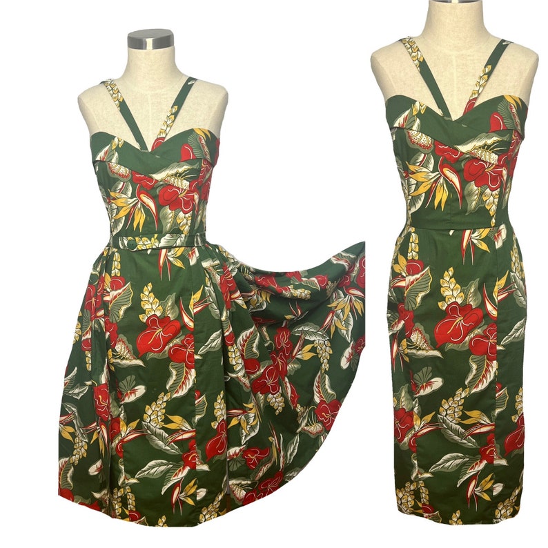 40s-50s Vintage Playsuits, Jumpsuits, Rompers History     2 in 1 Dress - Hawaiian Print Dress with Over Skirt- Tropical Tiki Dress - 1950s Rockabilly style.   style# TH-213  AT vintagedancer.com