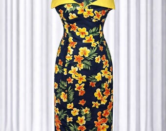 1950s Rockabilly Hawaiian Dress | Vintage Tiki Style Fitted Cotton Dress Handmade | Style TH-214