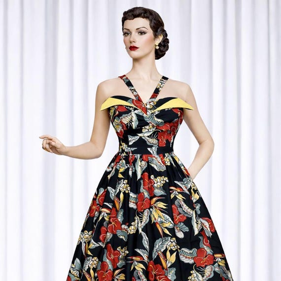 1950s Rockabilly Hawaiian Dress | Vintage Tiki Style Full Skirt