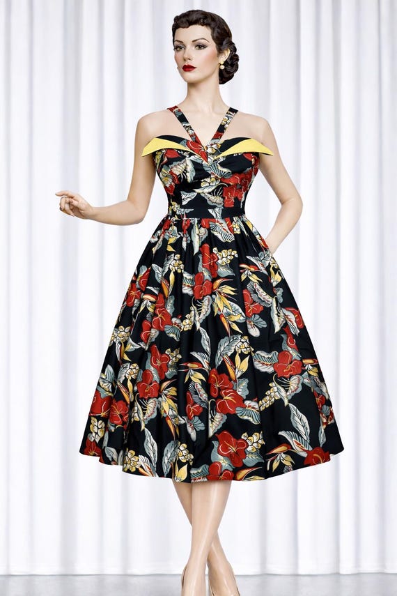 1950s Rockabilly Hawaiian Dress | Vintage Tiki Style Full Skirt with Pockets Handmade | Style TH-214F 1950s Rockabilly Hawaiian Dress | Vintage Tiki Style Full Skirt with Pockets Handmade | Style TH-214F