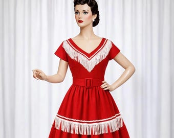 Vintage-geïnspireerde jaren 40 westernjurk met franjes | Retro country-outfit | Handgemaakte custom-fit | Westernfestivalkleding | Stijl THW-CSP