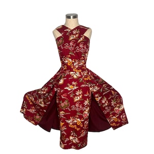 Cross Neck Hawaiian Print Dress with gathered over skirt - Tropical Tiki Dress - 1950s Rockabilly style.   style# TH-215O