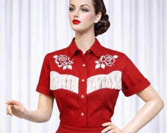Vintage-Inspired 1940s Embroidered Western Shirt | Retro Cowgirl Button Up Top | Handmade Custom Fit | Western Festival Wear| Style THW-006T