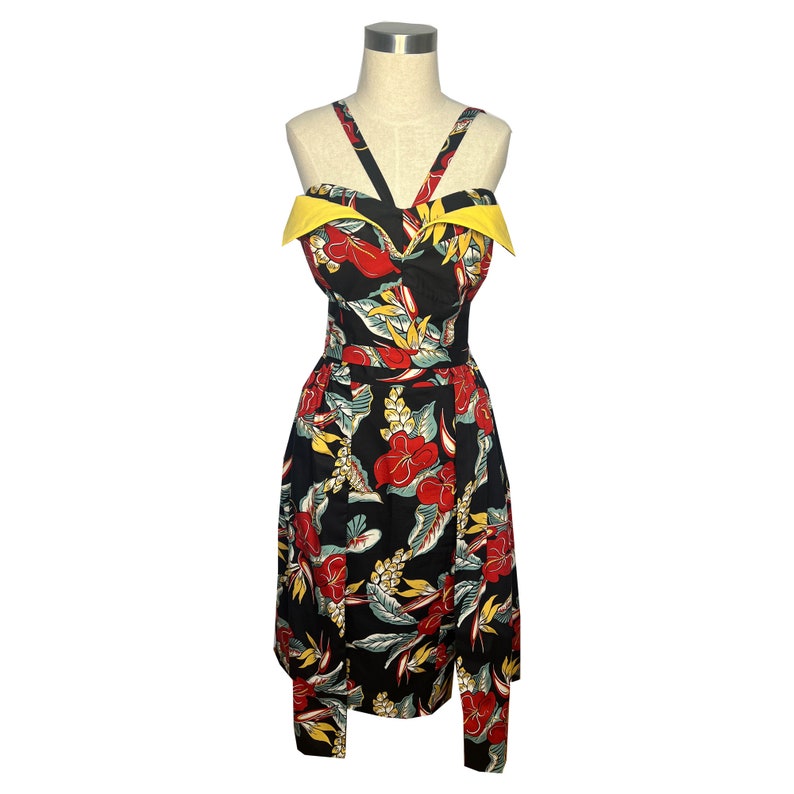 Retro Tiki Dress – Tropical, Hawaiian Dresses Dress - Hawaiian Print Dress with optional Over Skirt- Tiki Dress - 1950s Rockabilly style. style# TH-214O AT vintagedancer.com