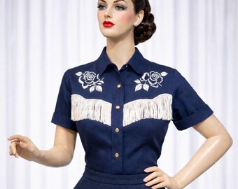 Vintage-Inspired 1940s Embroidered Western Shirt | Retro Country Cowgirl Top | Handmade Custom Fit | Western Festival Wear | Style THW-006T