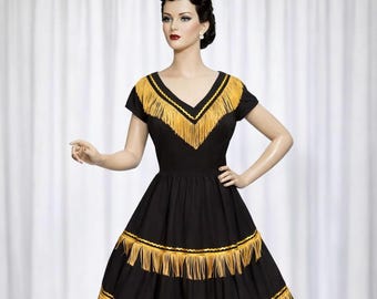 Vintage-geïnspireerde jaren 40 westernjurk met franjes | Retro country-outfit | Handgemaakte custom-fit | Westernfestivalkleding | Stijl THW-CSP