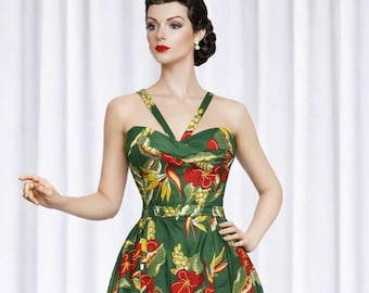 50s vintage Hawaiiドレス緑色 花柄 1950s Rockabilly Hawaiian Dress | Vintage Tiki Style Full Skirt