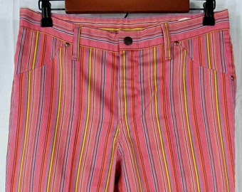 60s or 70s Vintage H bar C Women's Striped Jeans Style Straight Leg Pants, Size 31" x 28.5", Pink w/ Blue, Yellow, Red Stripe, Talon 42 Zip