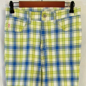 1980s vintage GUESS USA Women&#39;s Plaid Stretch Pants Junior Size 27 measures (29.5&quot; x 32&quot;) made in Hong Kong green blue white plaid!