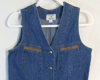 1990s Vintage Calamity Jeans Button Front Blue Denim Western Style Sleeveless V Neck Dress, Size M (18" P2P), Made in USA