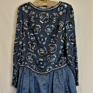 Vintage 1980/90s Victoria Royal Ltd. Blue Satin Iridescent Beaded Floral Full-Length Ball Evening Gown Size 10
