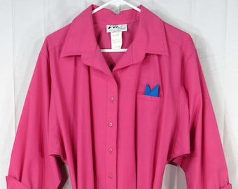 PINK! 80s Vintage Willi of California Women's Housekeeping / Waitress Uniform Shirt Dress, Size 16, Pink w/ Blue Pocket Square, Made in USA