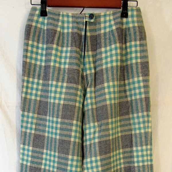 Groovy! Fab Pendleton Late 60s to Early 70s Women's Plaid Wool Pants, Size 27" x 27.75", Green / Blue / Off White, Made in USA wide leg!