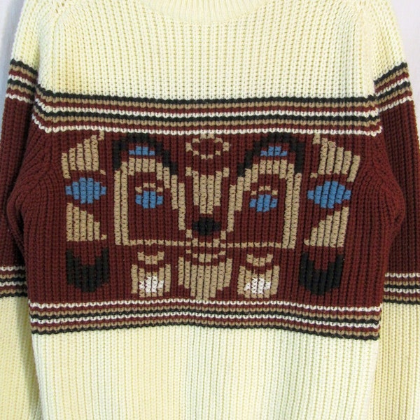 WOW! 70s Vintage Silton Pullover Sweater w/ Formline Design, Size 19.5" P2P, Off White & Brown totem pacific northwest thunderbird weave?