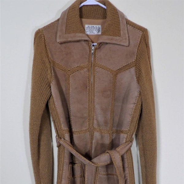 Vintage 1970's Western Tan Suede Leather Panel and Acrylic Knit Zip Belted Cardigan Sweater Women's Bust 38"