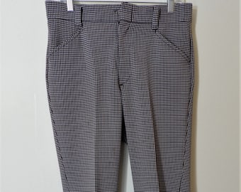 Vintage 1970s Western disco Farah Brown and White Houndstooth Polyester Knit Slack Pants Men's 30X37 Made in USA