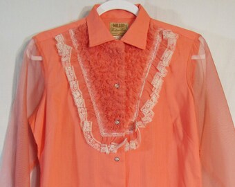 Wow! Never worn 1960s Miller Western Wear convert a blouse! Women's Pink Frilly Snap Top Sheer Sleeves Lace Bib & Cuffs, Size 19" P2P Mint!