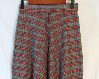 May include: A long, gray, red, and yellow plaid skirt with a button closure.