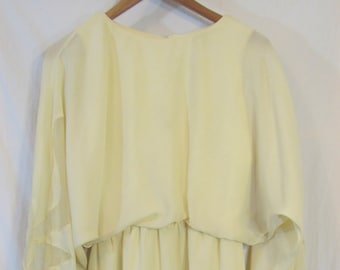 Vintage 1970s? Miss Elliette California Cottagecore Yellow Sheer Chiffon Blouson Leaf Pattern Dress Bust 32"